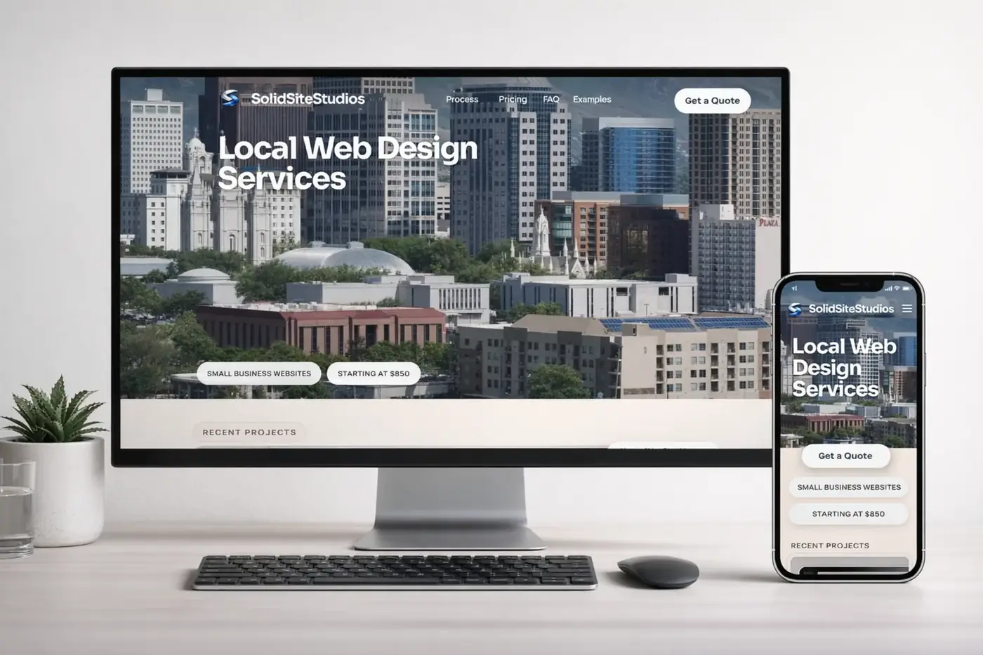 Solid Site Studios website shown on a desktop monitor and iPhone mockup